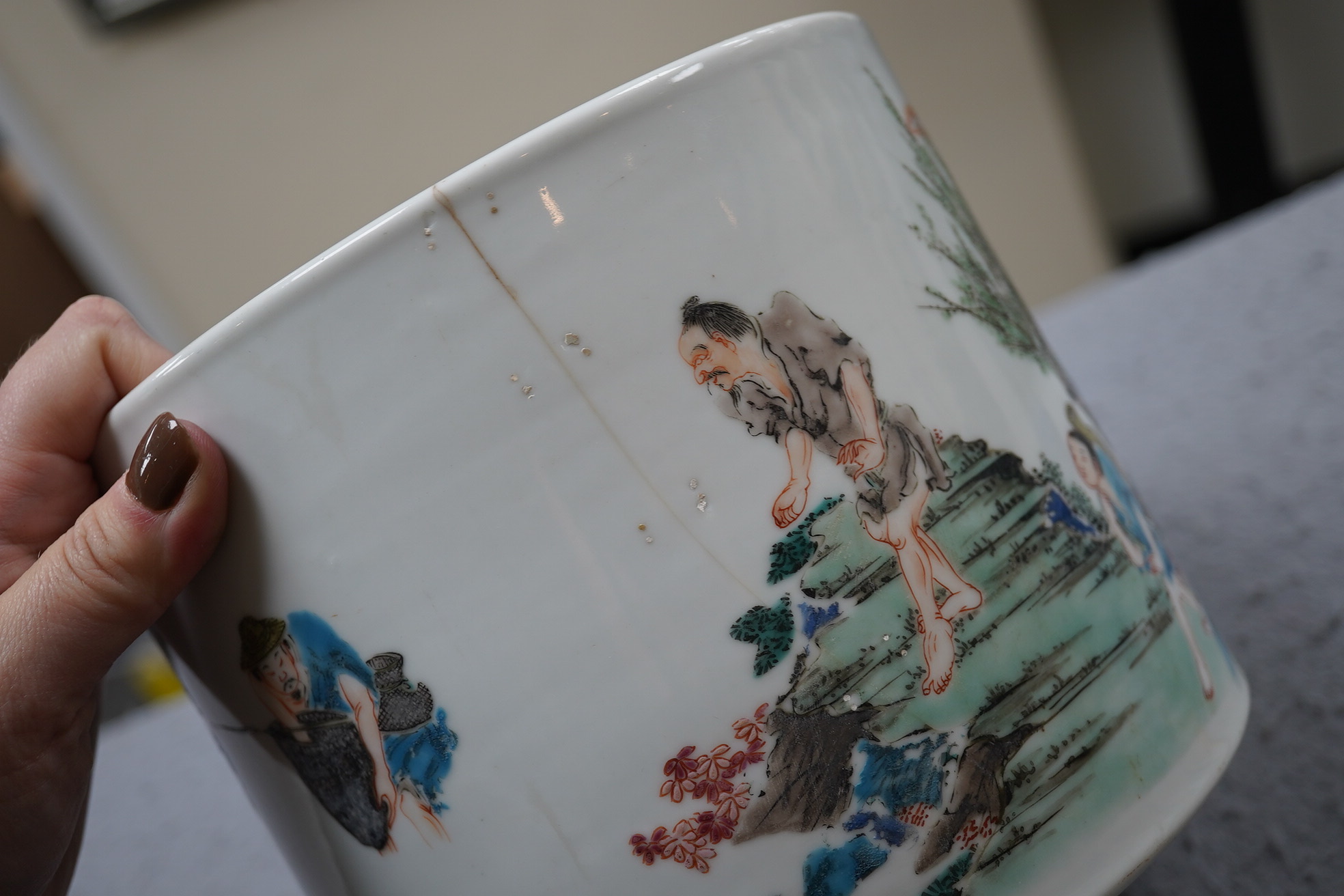 An unusual Chinese famille rose ‘fishermen’ brushpot, bitong, Yongzheng period (1723-35)